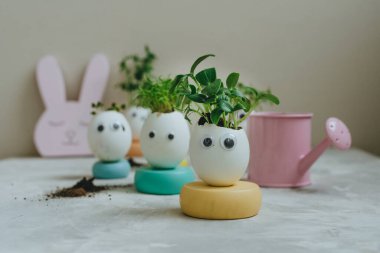 Yumurta kabuğunda minyatür komik yüzler ve oyuncak etiketli lahanalar. Paskalya bayramı için alternatif DIY fikri. Seçici odak.