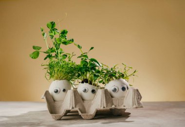 Oyuncak etiketli yumurta kabukları sarı arkaplanda gözler ve metin için boş alan. Bayramlık Paskalya dekorasyonu için yaratıcı eğlenceli DIY fikri. Seçici odak.