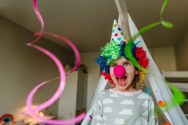 Little Girl Wearing Clown Costume Party Hat Sitting Bed Handmade — Fotografia de Stock