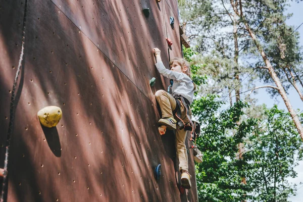 冒険ロープパークでロッククライミングの壁に安全ハーネストレーニングを身に着けている女の子の未就学児 子供のためのサマーキャンプ活動 — ストック写真