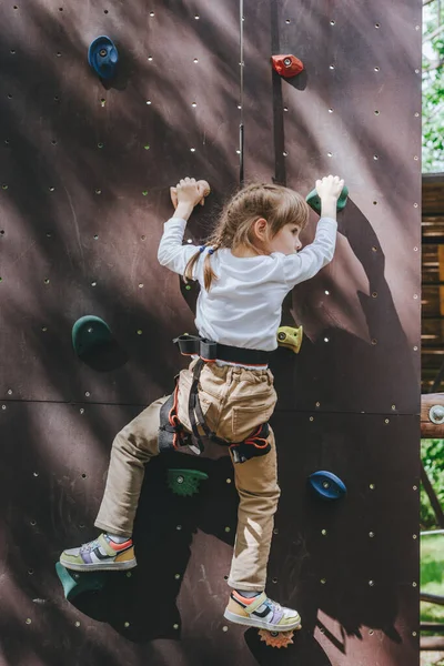 Маленькая Девочка Дошкольница Носит Ремни Безопасности Тренировки Скалолазании Стены Парке — стоковое фото
