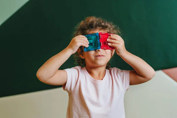 Portrait Cheerful Happy Little Girl Doing Eyes Glasses Colorful Plastic — Stock Fotó