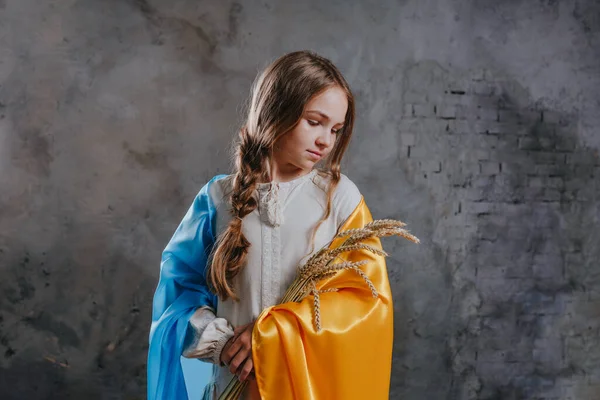 Маленькая Девочка Этнически Вышитом Платье Покрытом Украинским Флагом Держит Колосья — стоковое фото