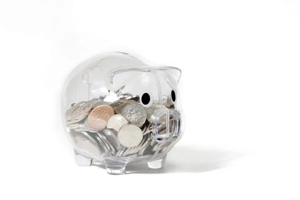 Piggy banco isolado em branco com dinheiro — Fotografia de Stock