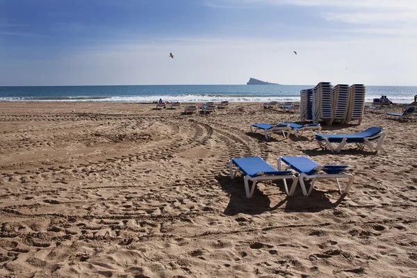 Dwa niebieskie leżak na plaży w słoneczny dzień — Zdjęcie stockowe