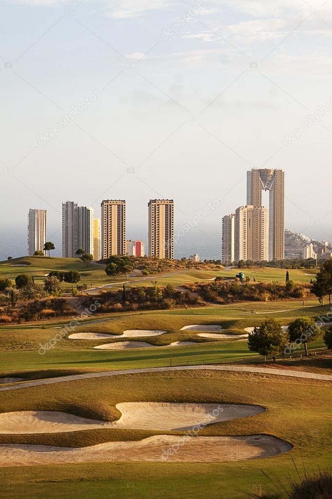 Panoramic of skyscraper with golf field in Benidorm, Spain