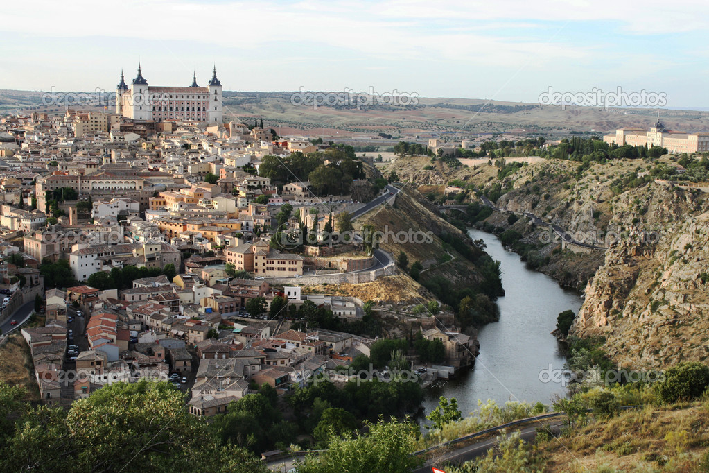 Landscape of medieval city of Toledo at suset, Spain