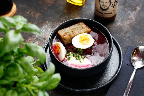 Bietensoep Met Eet Smakelijk Culinaire Fotografie Een Voorstel Een Maaltijd — Stockfoto