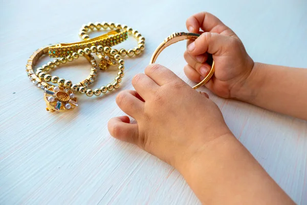 Hands Child Play Gold Jewelry Bijouterie White Background Concept Womens — Stock Photo, Image