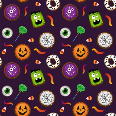 Cadılar Bayramı şekerleri kusursuz desenli vektör çizimi. Geleneksel gerçekçi öğeler tebrik kartı, poster, web afişi, broşür, paket tasarımı için arka plan. Kurabiyeler ve şekerler.