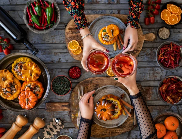 Celebration Dinner Rose Wine Mini Stuffed Pumpkins Dining Table Vegan — Stock Photo, Image