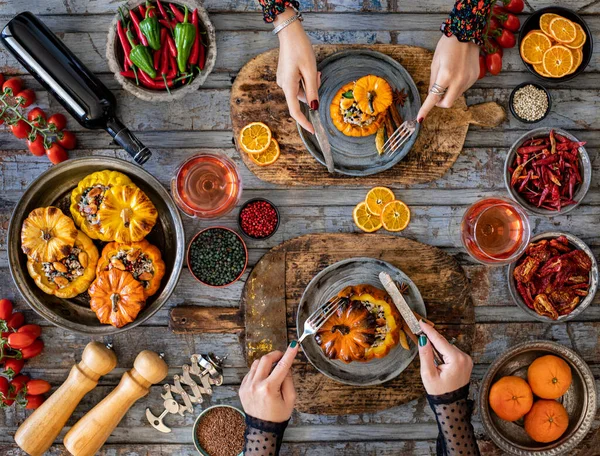 Celebration Dinner Family Rose Wine Stuffed Pumpkin Rice Vegetables Vegan — Stock Photo, Image