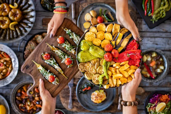 Many Meals Plates Kizartma Fritter Dolma Top View — Stock Photo, Image