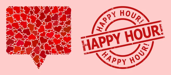 Grunge Happy Hour Exclamation. Distintivo e Vermelho Amor Coração Banner Mosaic — Vetor de Stock