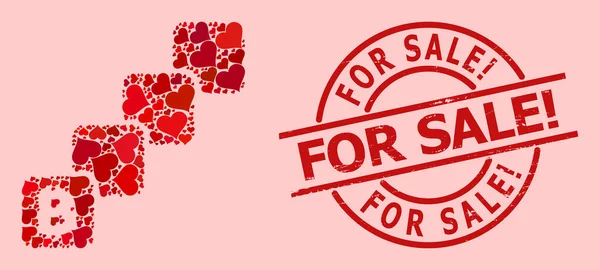 Gummi zum Verkauf Ausrufezeichen. Briefmarke und Red Valentine Bitcoin Blockchain Mosaic — Stockvektor