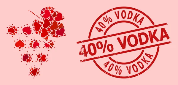 Goma 40 por ciento Vodka Badge y rojo Valentine virus uva racimo mosaico — Vector de stock