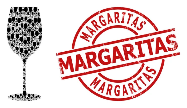 Ícone de vidro de vinho Recursão Mosaico e texturizado Margaritas selo selo — Vetor de Stock