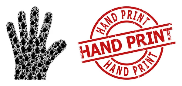 Badge d'impression de main mosaïque et texturée de récursion d'icône de paume de main — Image vectorielle