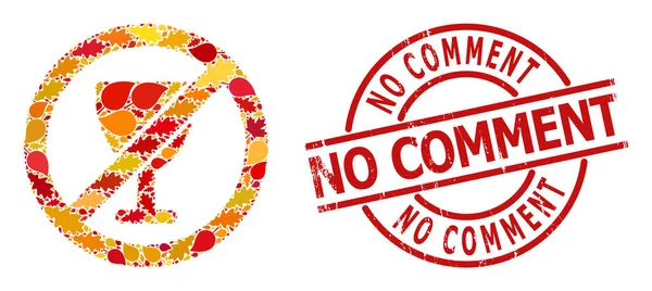 Grunge No Comment Seal en verbieden wijnglas Herfst samenstelling pictogram met herfstbladeren — Stockvector