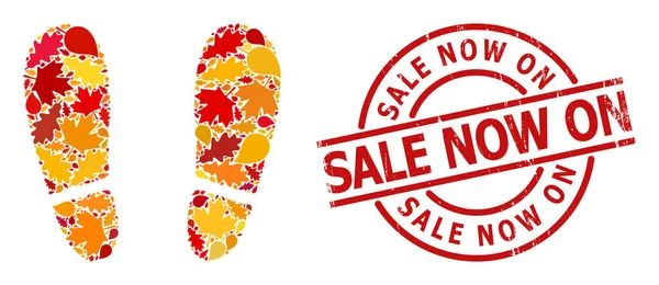 Notverkauf jetzt auf Siegel und menschliche Fußabdrücke Herbst-Mosaik-Ikone mit fallenden Blättern — Stockvektor