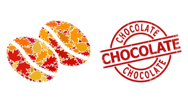 Getextureerde Chocolade Watermerk en Koffiebonen Herfst Collage Ikoon met herfstbladeren — Stockvector