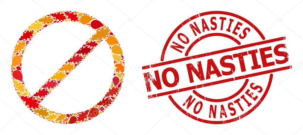 Distress No Nasties Seal and Forbid Autumn Collage Icon with Fall Leaves