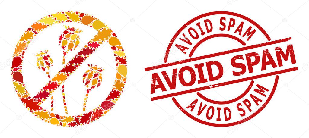 Distress Avoid Spam Stamp Seal and Stop Poppy Plants Autumn Mosaic Icon with Fall Leaves