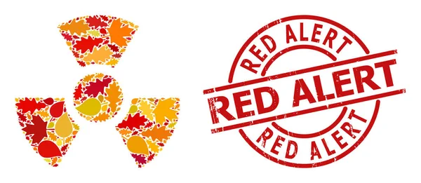 Grunge Red Alert Timbre et Radioactivité Collage d'automne Icône avec feuilles d'automne — Image vectorielle