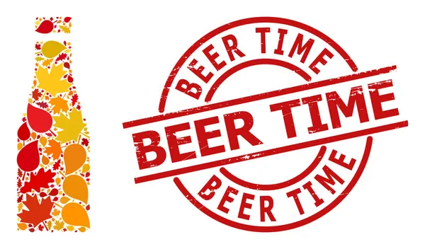 Imitação de selo de tempo de cerveja grunge e ícone de colagem de outono de garrafa de cerveja com folhas de queda — Vetor de Stock