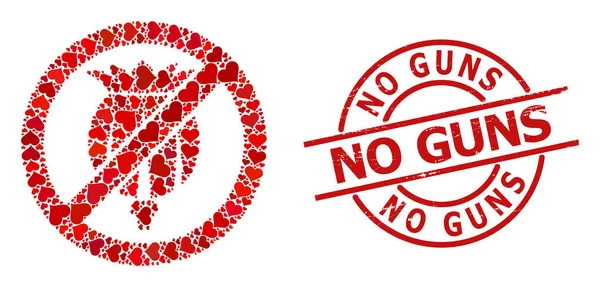Teksturowane No Guns Pieczęć Pieczęć Pieczęć i Czerwona Miłość Serce Zakazać Opium Poppy Collage — Wektor stockowy