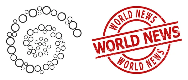 Texturierte Welt Nachrichten Siegel und leere Kugel Ikone Spiralwirbel Collage — Stockvektor