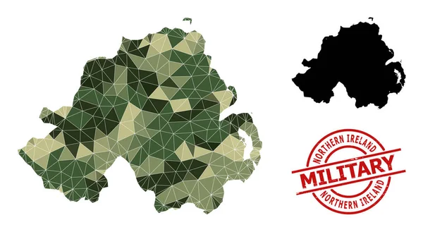 Τριγωνικός ψηφιδωτός χάρτης της Βόρειας Ιρλανδίας και στρατιωτική σφραγίδα κινδύνου — Διανυσματικό Αρχείο