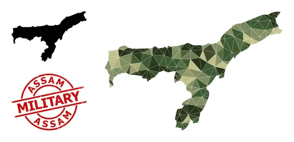 Mosaico poligonal Mapa del estado de Assam y el sello militar de socorro — Vector de stock