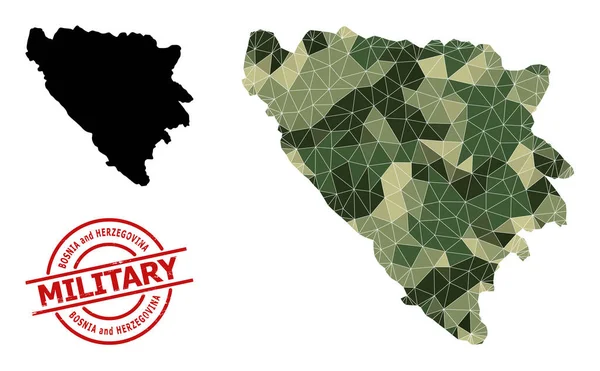 Πολυγωνικός ψηφιδωτός χάρτης της Βοσνίας και Ερζεγοβίνης και στρατιωτική σφραγίδα Grunge — Διανυσματικό Αρχείο
