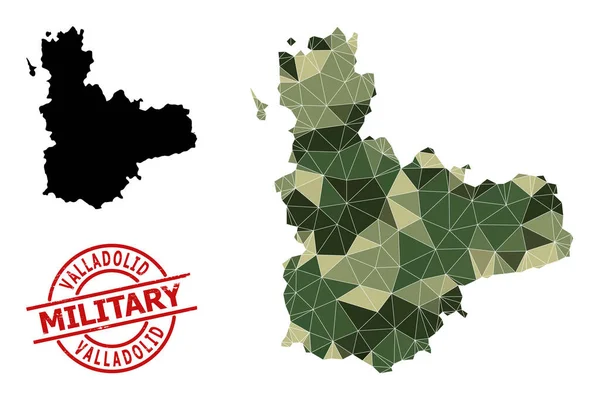Χαμηλός πολυ ψηφιδωτός χάρτης της επαρχίας Valladolid και του στρατιωτικού υδατογραφήματος Grunge — Διανυσματικό Αρχείο