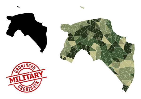 Lowpoly Mosaic Mapa de la provincia de Groningen y el sello militar de socorro — Vector de stock