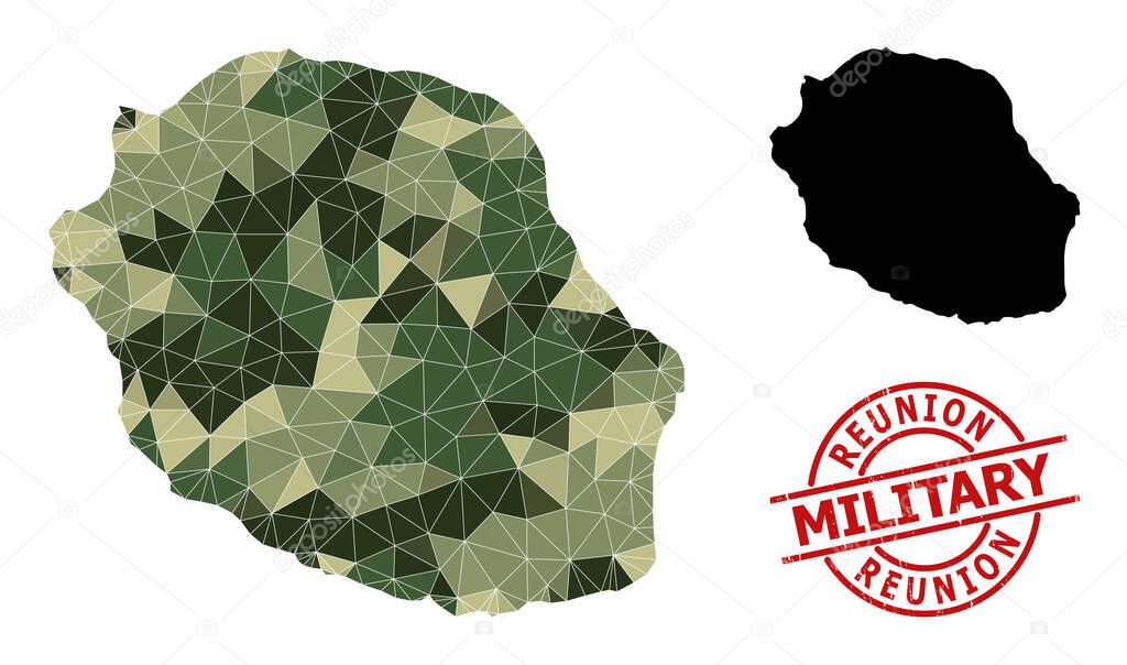 Lowpoly Mosaic Map of Reunion Island and Distress Military Stamp Seal