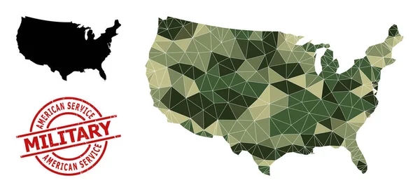 Lowpoly Mosaic Mapa de EE.UU. y el sello militar rayado — Vector de stock