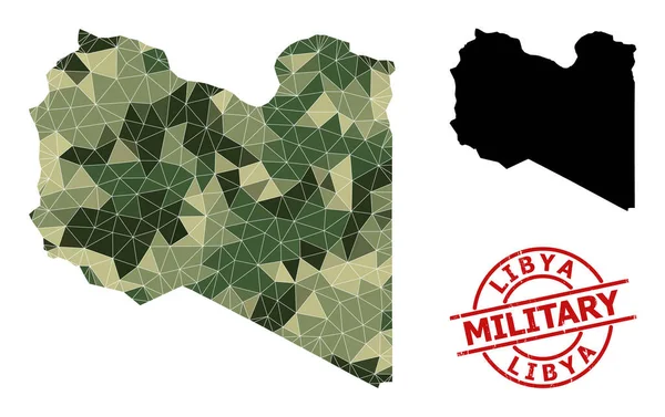 Mapa de mosaico de baja polivinización de Libia y el sello militar de socorro — Vector de stock