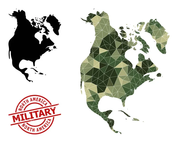 Mosaico poligonal Mapa de América del Norte y Grunge Militar marca de agua — Vector de stock