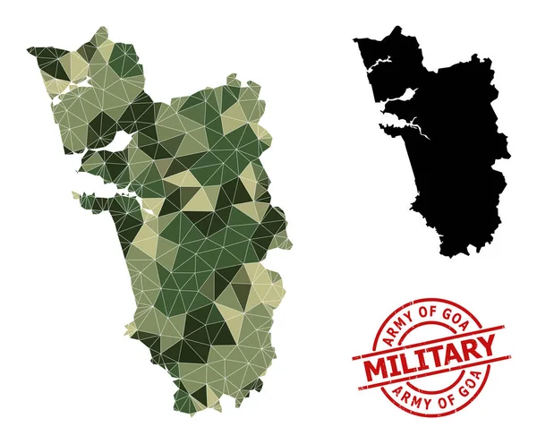 Τριγωνικός ψηφιδωτός χάρτης του κράτους της Γκόα και στρατιωτική σφραγίδα κινδύνου — Διανυσματικό Αρχείο