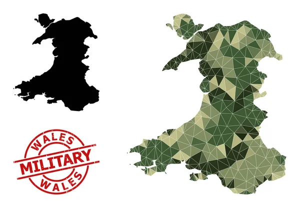 Lågpoly mosaik karta över Wales och Grunge militära sigill — Stock vektor
