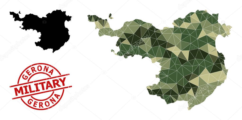 Lowpoly Mosaic Map of Gerona Province and Distress Military Stamp Seal