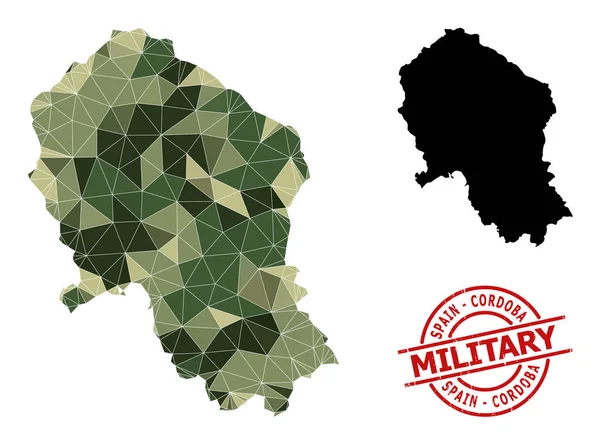 Πολυγωνικός ψηφιδωτός χάρτης της ισπανικής επαρχίας Cordoba και χαραγμένο στρατιωτικό σήμα — Διανυσματικό Αρχείο