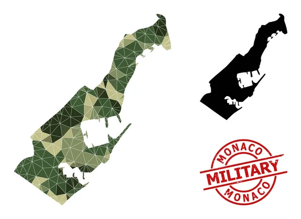 Mapa de mosaico triangulado de Mónaco y la marca de agua militar Grunge — Vector de stock