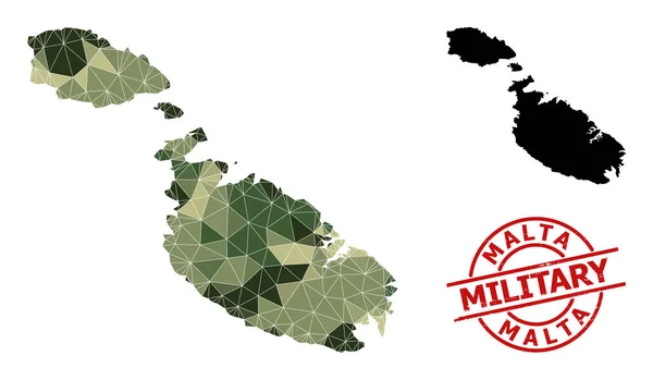 Χαμηλός ψηφιδωτός χάρτης της Μάλτας και στρατιωτική σφραγίδα κινδύνου — Διανυσματικό Αρχείο