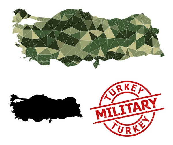 Mapa de Mosaico Baixo Poly da Turquia e selo militar Grunge — Vetor de Stock