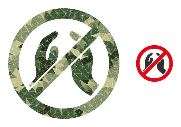 Mosaico triangular prohíbe rezar con las manos icono en tonos de color militar camuflaje — Vector de stock