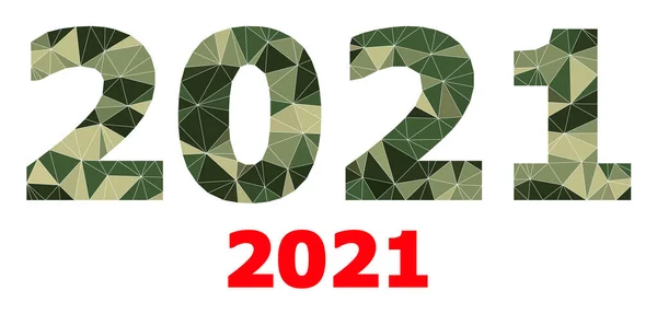 Icono de dígitos triangulados del mosaico 2021 años en tonos de color Camo Army — Archivo Imágenes Vectoriales