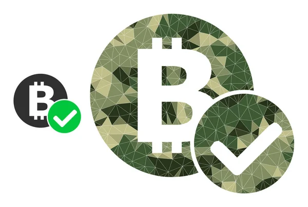 Lågpoly mosaik acceptera Bitcoin ikonen i Khaki militära färger — Stock vektor
